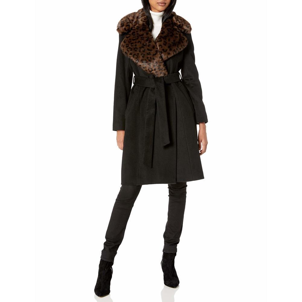 VIA SPIGA Wool Maxi Jacket W/Faux-Fur Collar Black/Brown Large Missing Belt